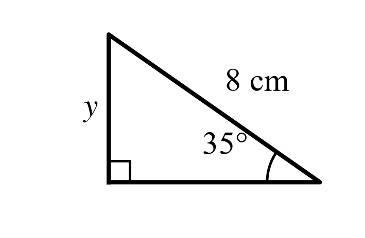 Right angle at bottom-left; hypotenuse 8 cm; bottom-right angle 35 degrees; opposite vertical side y.