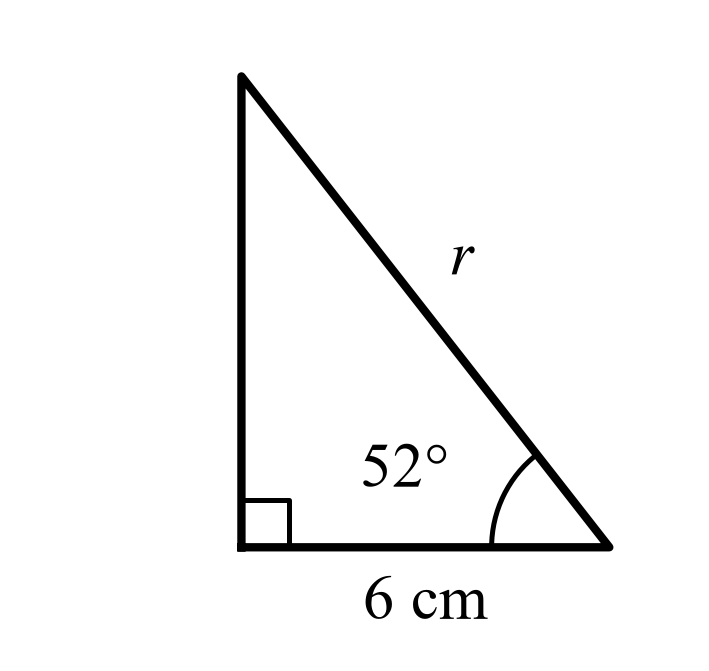 Right angle at bottom-left; base 6 cm; bottom-right angle 52 degrees; hypotenuse r.