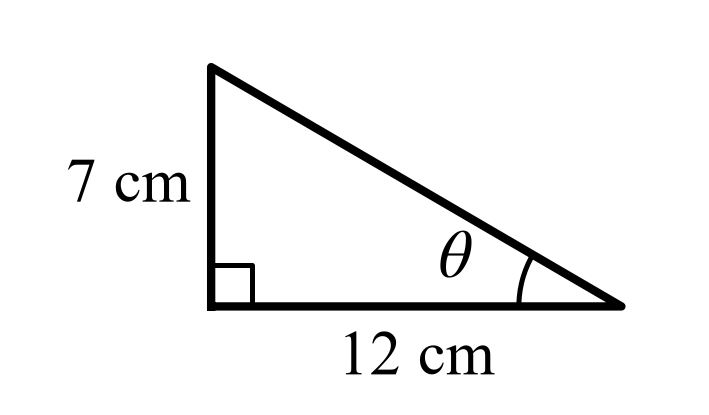 Right angle at bottom-left; base 12 cm; vertical side 7 cm; bottom-right angle theta.